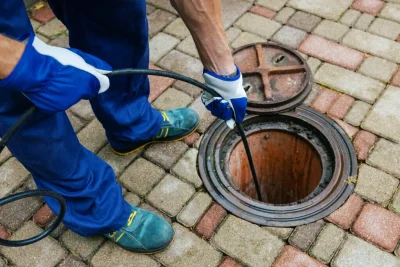 Plumber cleaning an outdoor sewer drain in Lansdale